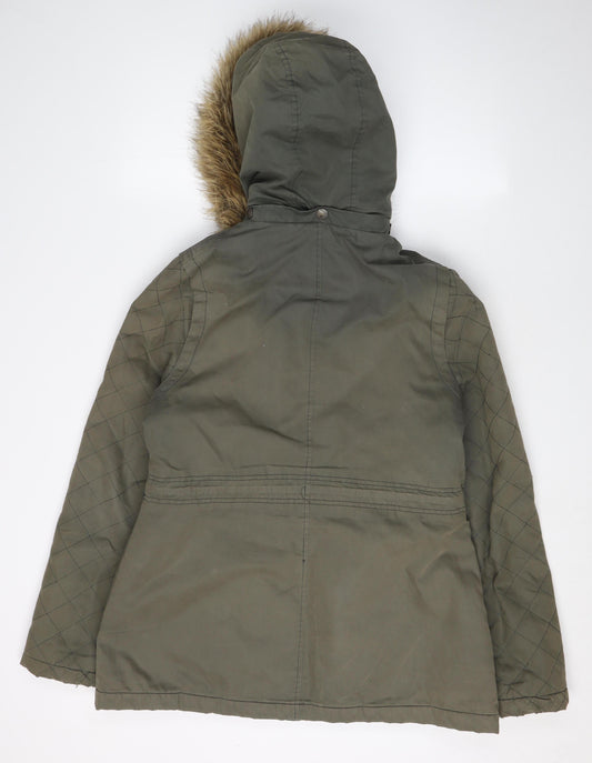 FatFace Women's Green Parka Jacket Size 10, Hooded & Fur Trim