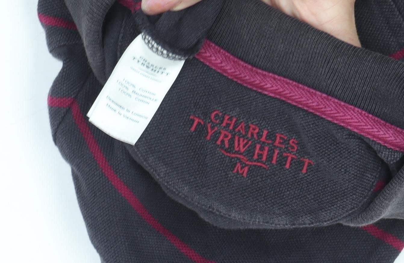 Charles Tyrwhitt Men's Black Striped Short Sleeve Polo M