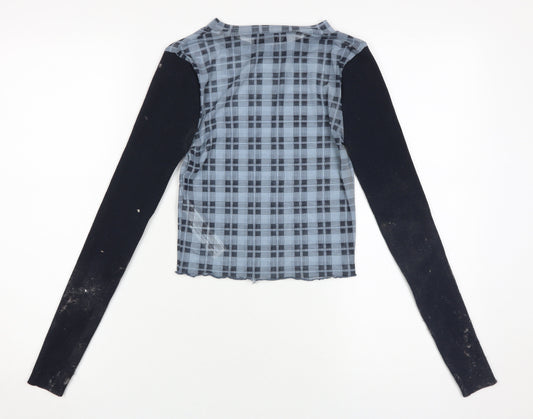 Zara Women's Blue Check Cropped Top, Size M, Long Sleeve
