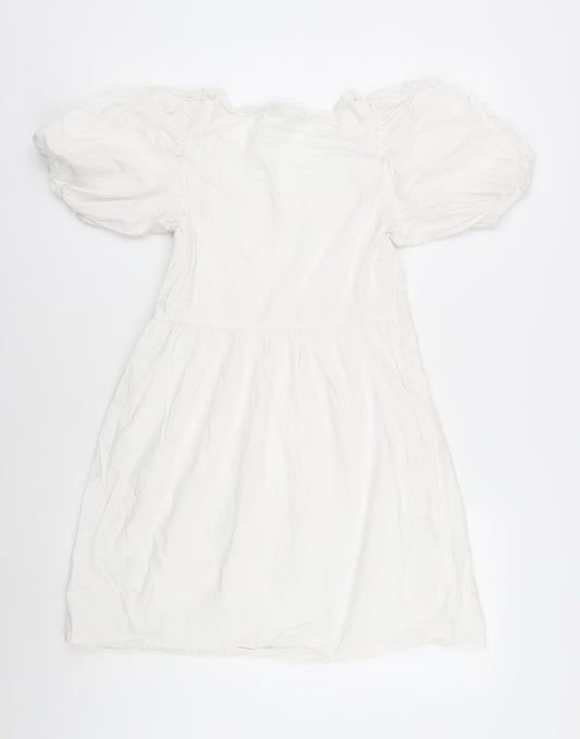 Monki Women’s White Cotton A-Line Puff Sleeve Dress