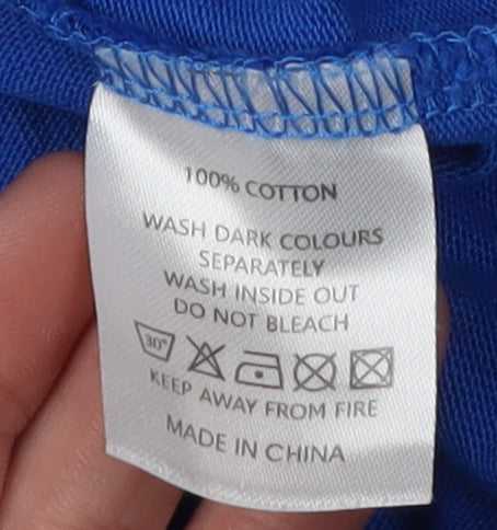 Brand and care label for Oxen unisex blue rugby polo shirt l