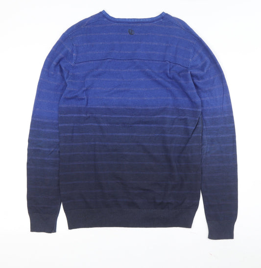 Fat Face Men's Blue Wool V-Neck Striped Pullover Jumper