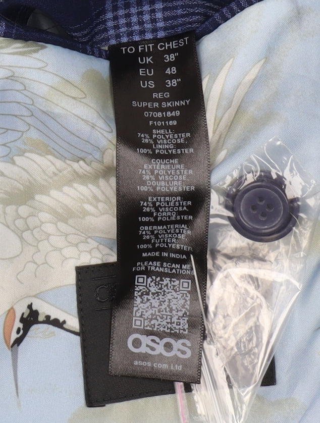 Close-up detail of ASOS Men's Blue Check Blazer, size 38R, Formal Super Skinny Fit