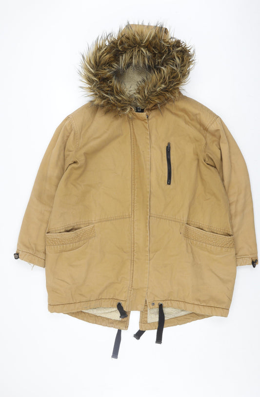 Additional front view of ASOS unisex beige parka jacket with fur trim
