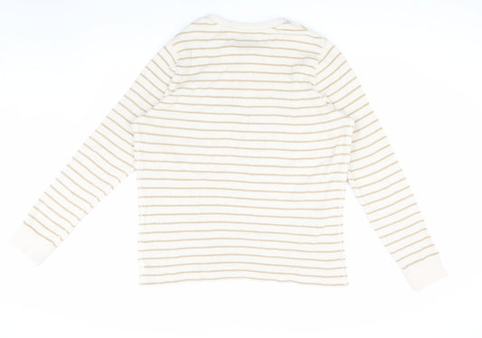 Marks and Spencer Men's Beige Striped Henley T-Shirt Size L