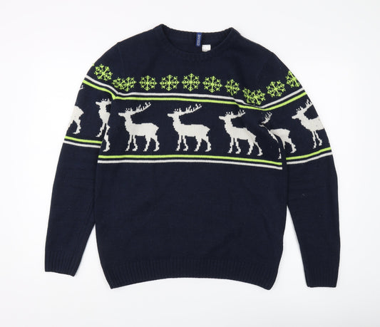 H&M Unisex Blue Reindeer Winter Pullover Jumper S
