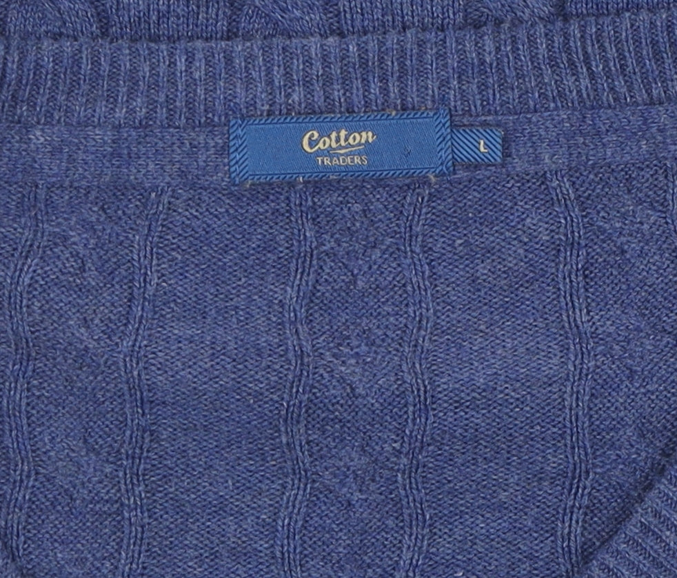 Cotton Traders Men's Blue V-Neck Cable Knit Jumper L