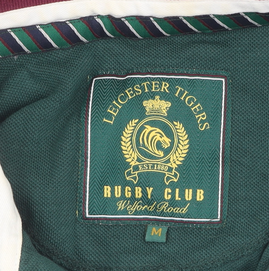 Leicester Tigers Men's Green Striped Polo Shirt M