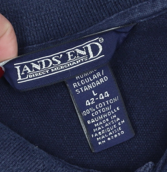Lands' End Men's Blue Polo, Long Sleeve, Regular Fit, L