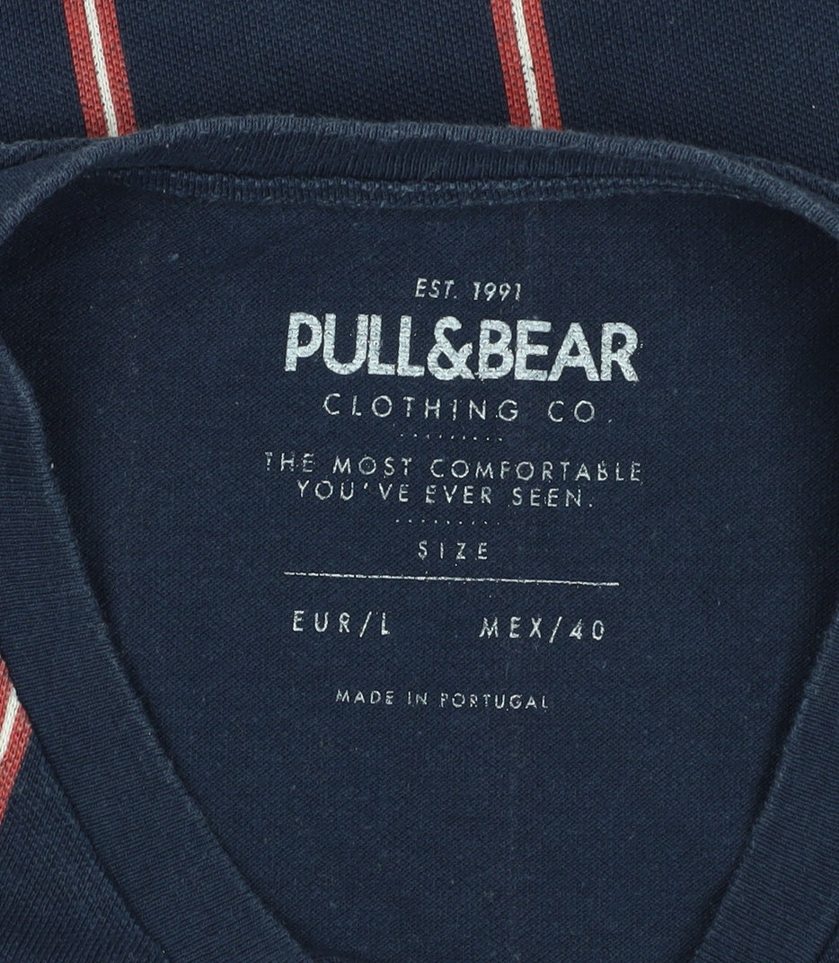 Pull & Bear Men's Blue Striped Crew Neck T-Shirt L