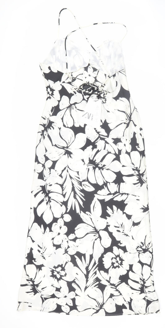 Zara Women's Black and White Floral Midi Slip Dress L