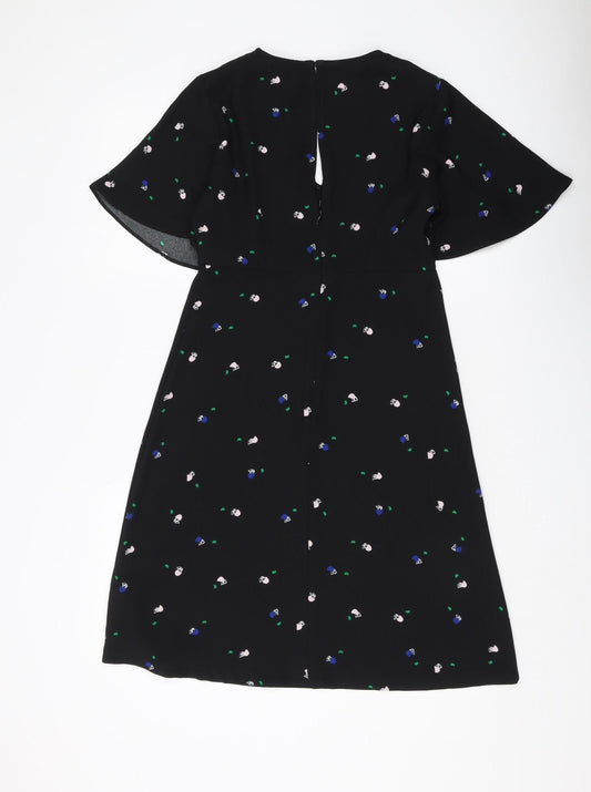Marks and Spencer Women's Black Floral A-Line Dress, Size 8