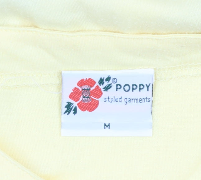 Close-up detail of Poppy unisex yellow dolphin t-shirt m - casual summer wear