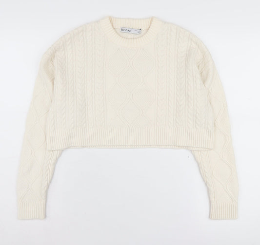 Bershka Women's Ivory Cable-Knit Pullover Jumper XS