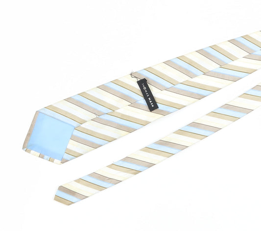 Thomas Nash Men's Beige Blue Striped Slim Tie