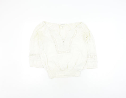 H&M Women's White Bohemian Blouse, Size 6, 3/4 Sleeve
