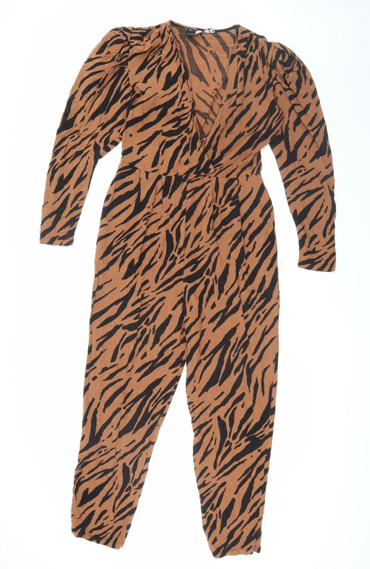 Additional front view of ASOS Design Brown Animal Print Jumpsuit, size 12, Viscose