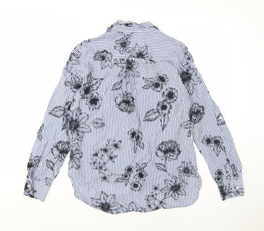 Next Women's Blue Floral Striped Button-Up Shirt, Size 10