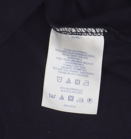 Brand and care label for Lands' End unisex black mock neck t-shirt m