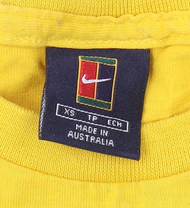 Brand and care label for Nike Yellow Graphic Sports T-Shirt XS unisex adults