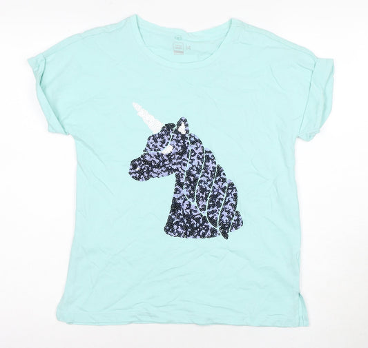 Additional front view of Clothing & Co Teens Blue T-Shirt, Sequin, size 14, Unicorn
