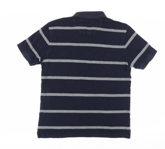 Marks and Spencer Men's Blue Striped Polo - Medium