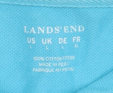 Close-up detail of Lands' End unisex blue polo shirt, size L, short sleeve