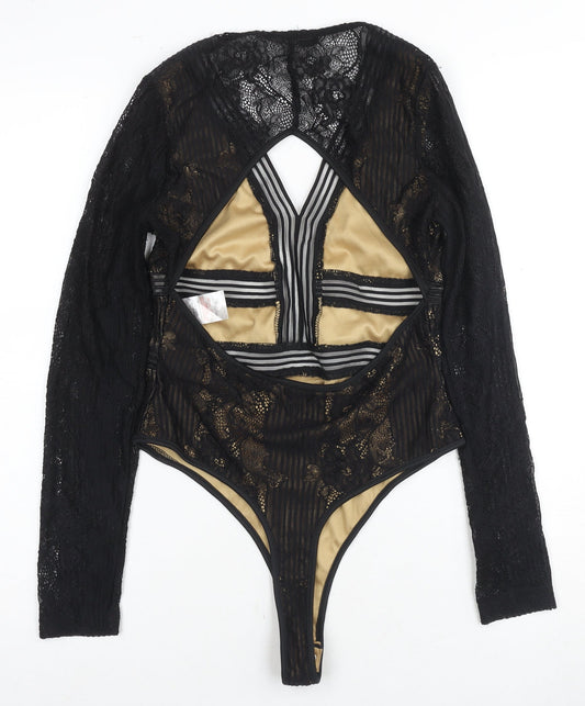 Quiz Women's Black Lace Bodysuit Size 12 Stretch, Open Back