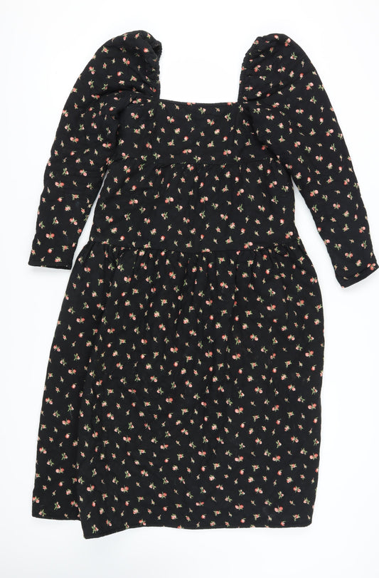 Additional front view of ASOS DESIGN Women's Black Floral A-Line Puff Sleeve Dress