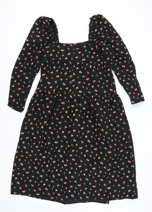 ASOS DESIGN Women's Black Floral A-Line Puff Sleeve Dress
