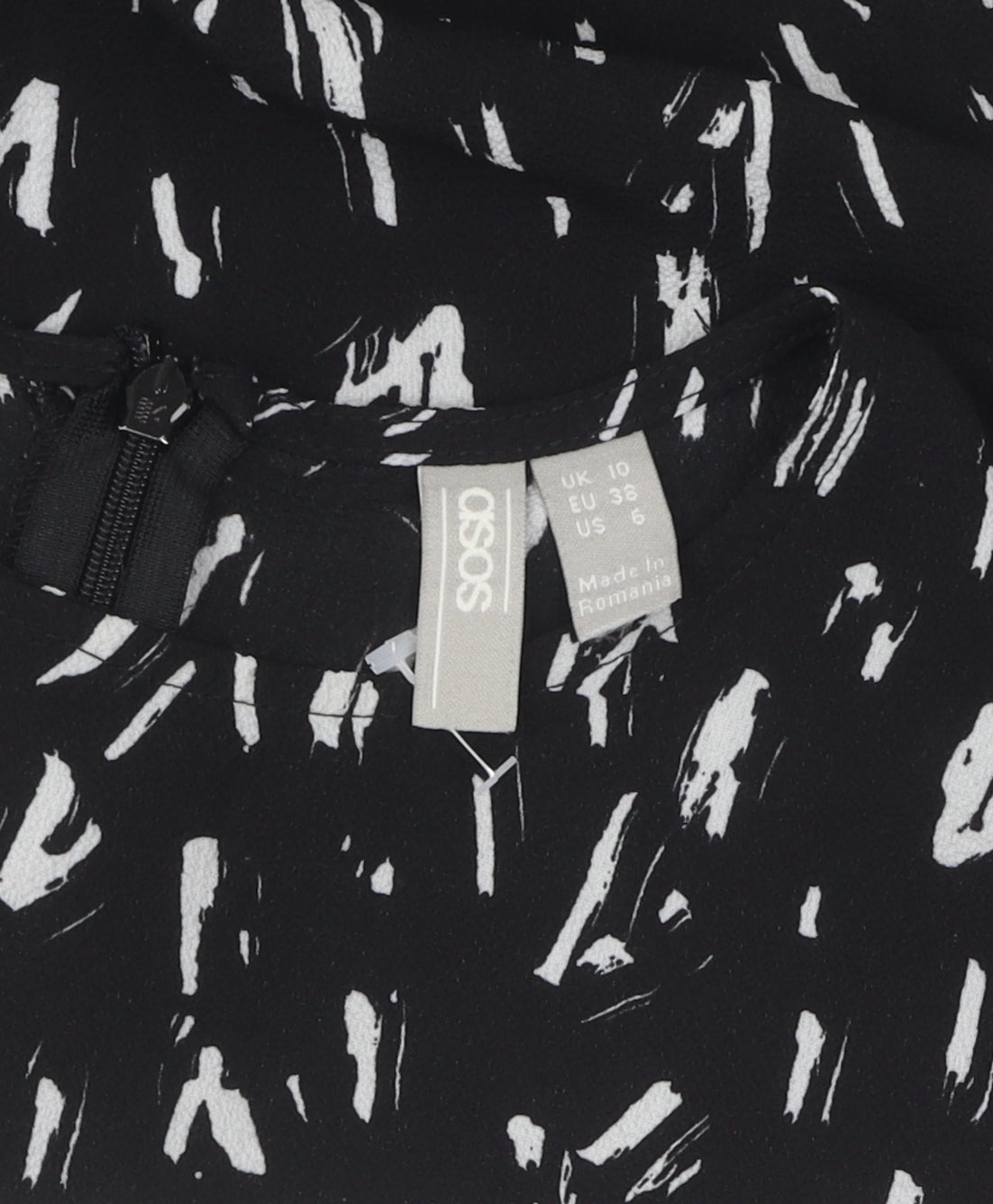 Brand and care label for ASOS Women's Black Bodycon Dress, size 10, Ruched Strapless