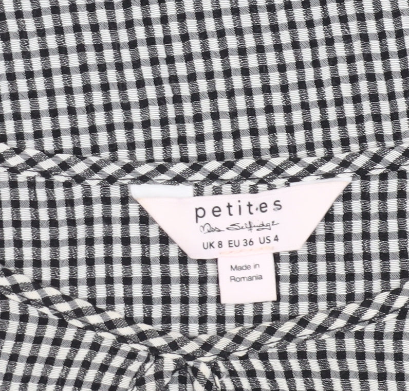 Brand and care label for Miss Selfridge Women's Black Check Ringer Blouse -, size 8