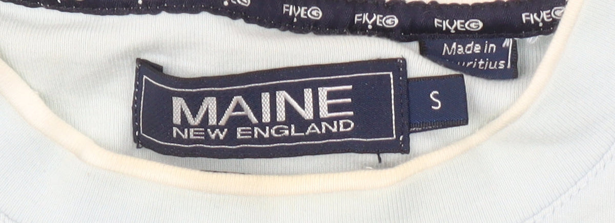 Brand and care label for Maine New England Men's Blue Crew Neck T-Shirt, size S