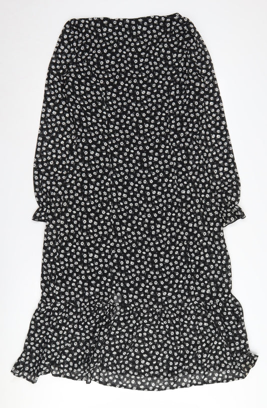 H&M Women's Black Floral Midi A-Line Dress Size 10
