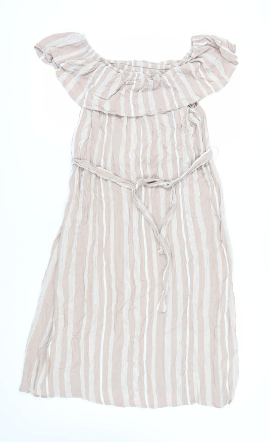 Additional front view of ICHI Women's Beige Striped Off Shoulder Midi Dress L