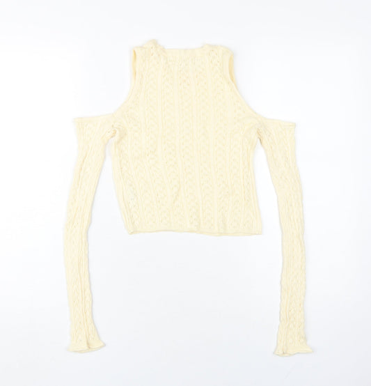 STR Women's Beige Cropped Cold Shoulder Knit Top