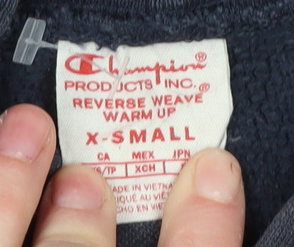 Brand and care label for Champion unisex black pullover hoodie xs