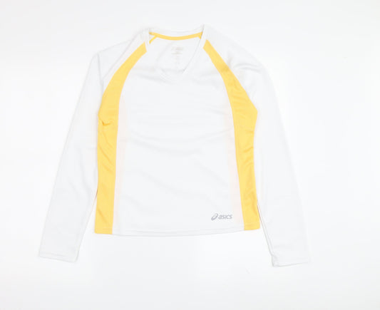 Asics Women's White/Yellow V-Neck Jersey Long Sleeve T-Shirt