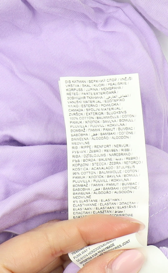 Brand and care label for Puma unisex purple crew neck t-shirt, size 18