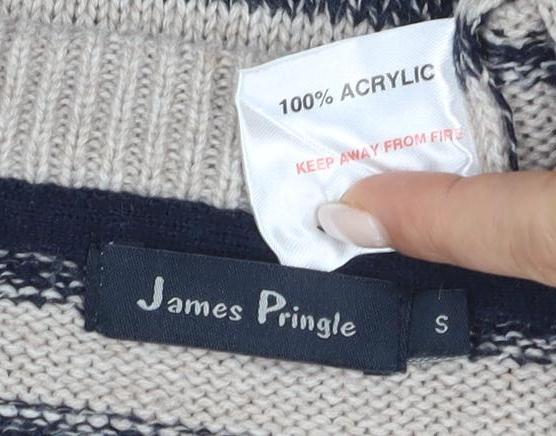 James Pringle Men's Beige & Black Striped Pullover Jumper Size S