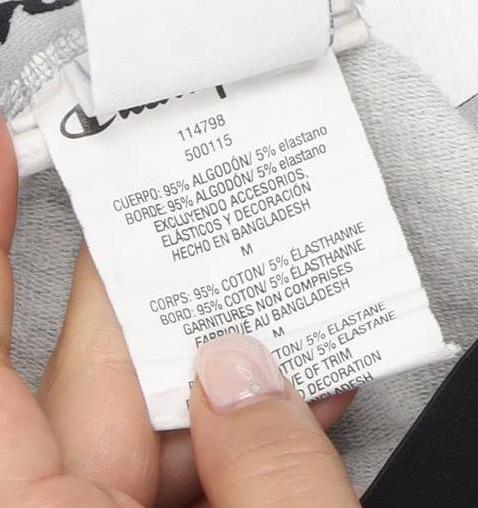 Brand and care label for Champion Grey Jogger Trousers M unisex cotton elastane