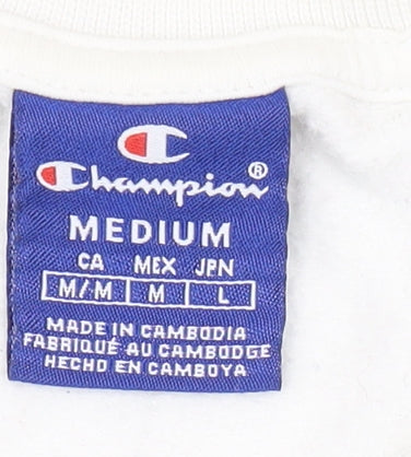 Close-up detail of Champion unisex white pullover sweatshirt m