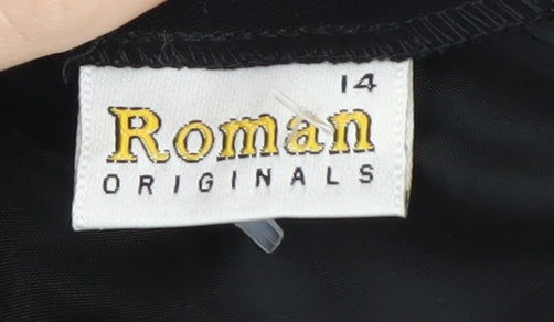 Brand and care label for Roman Originals Black Sheath Dress - Elegant V-Neck, Party, size 14