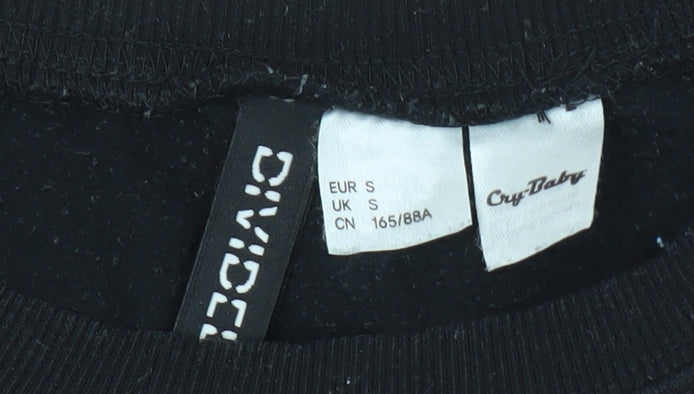 Brand and care label for DIVIDED unisex black graphic print sweatshirt s