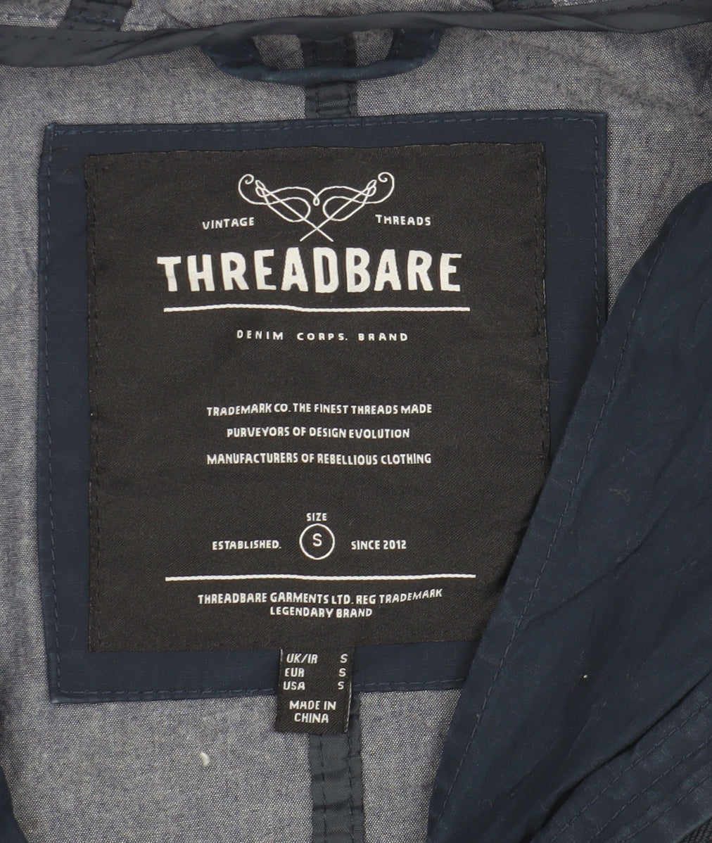 Brand and care label for Threadbare unisex blue parka jacket s hooded casual