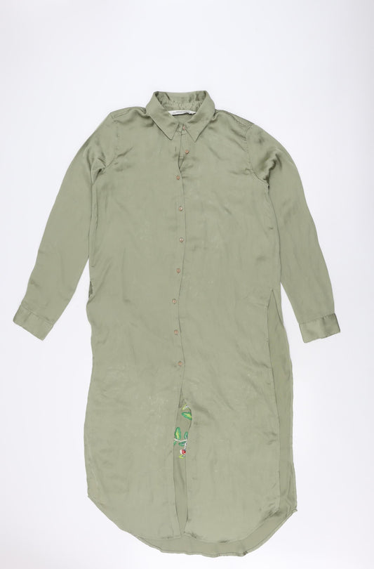 Additional front view of Zara Woman Green Floral Embroidered Silk Shirt Dress XS
