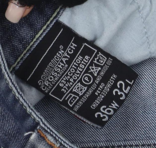 Close-up detail of Crosshatch Blue Distressed Denim Jeans 36W 32L unisex