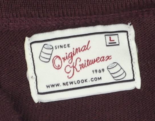 New Look Men's Brown Henley Jumper L, High Neck, Button Accent