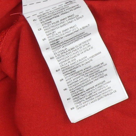 Brand and care label for Adidas boys’ red t-shirt l short sleeve graphic logo