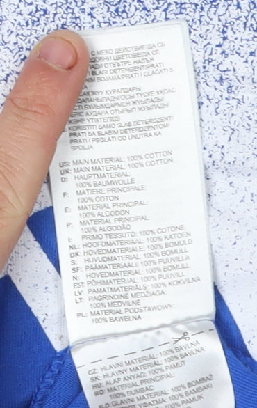 Brand and care label for Adidas boys’ blue graphic print t-shirt, size M